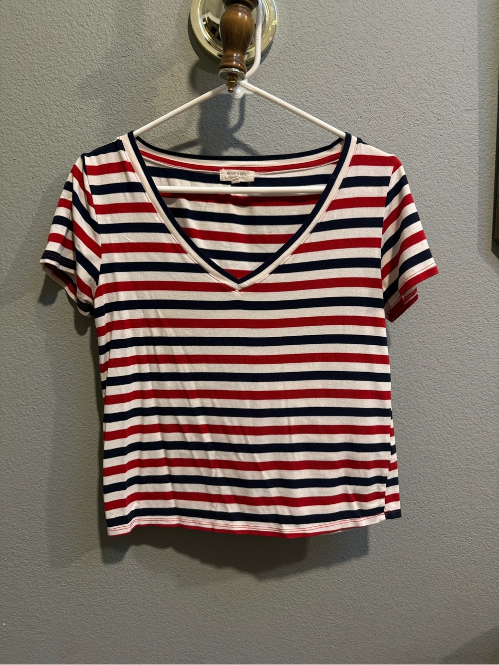 Heart & Hips Striped V-Neck Short Sleeve Top - Red, Navy & White